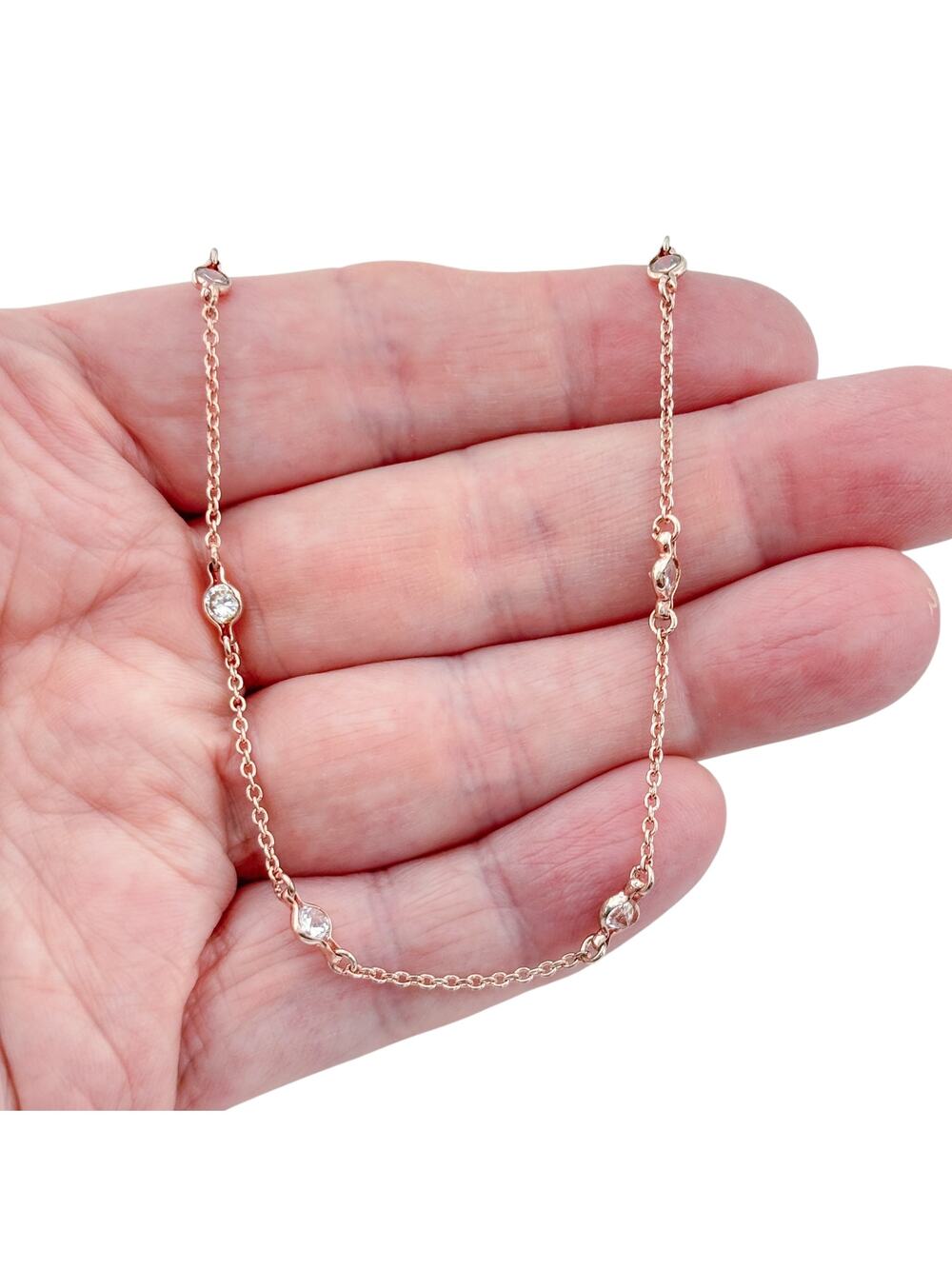 Vintage Sterling Silver 925 Rose Gold-Tone Cubic Zirconia Station Necklace 16"